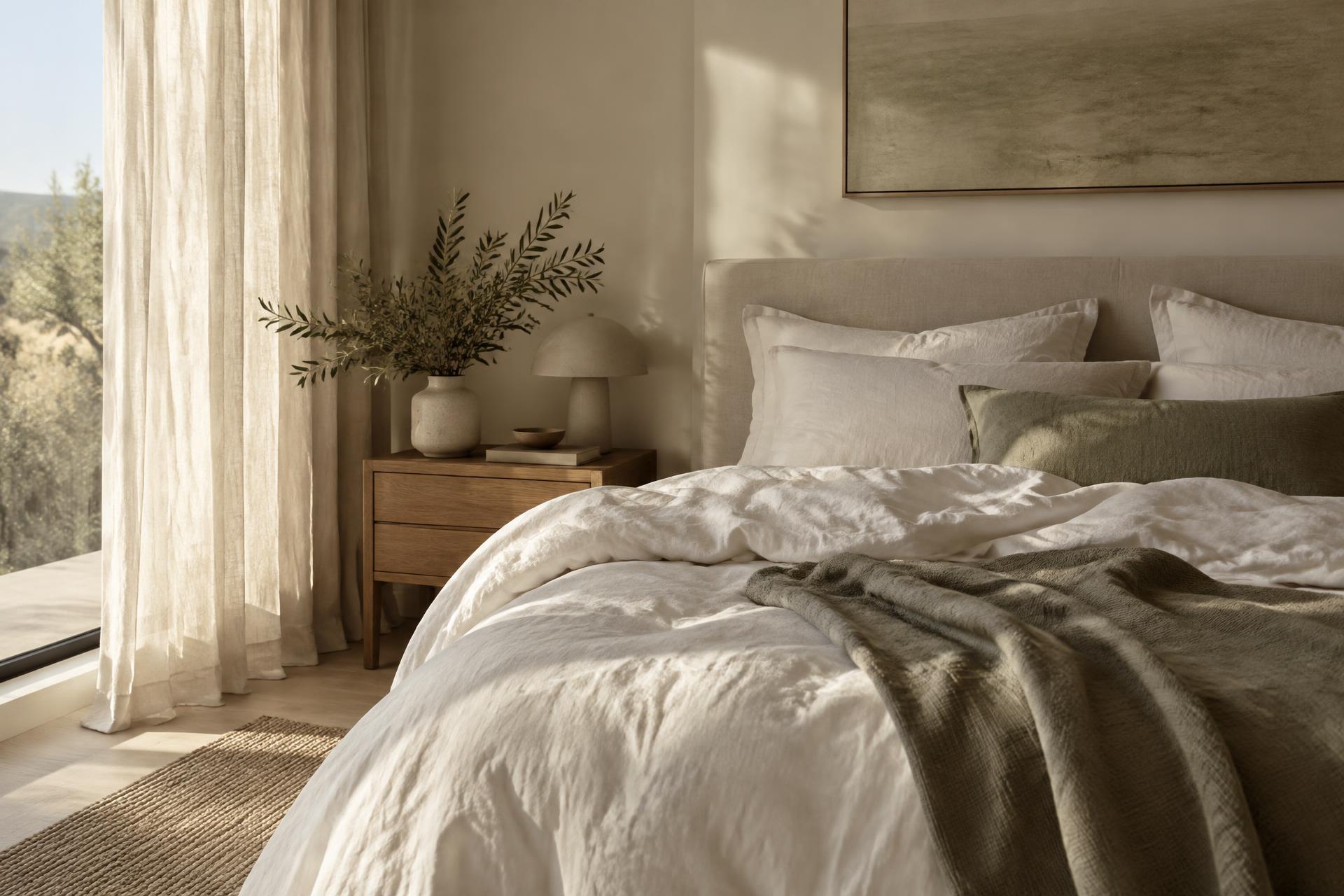 A calm bedroom with linen bedding in soft early-morning light
