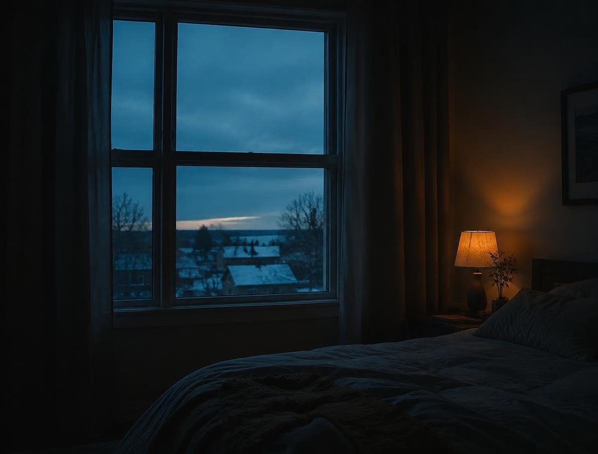 A dark winter bedroom window with faint pre-dawn light and a warm lamp glow