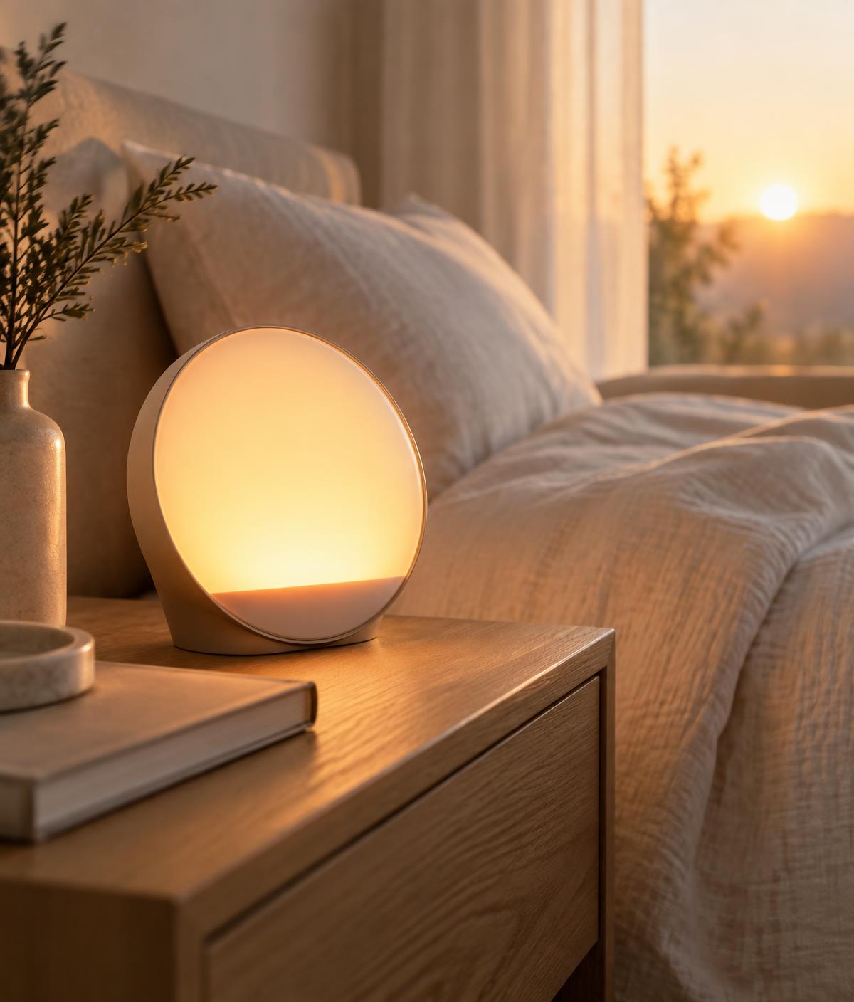 A softly glowing sunrise lamp on an oak bedside table beside linen bedding