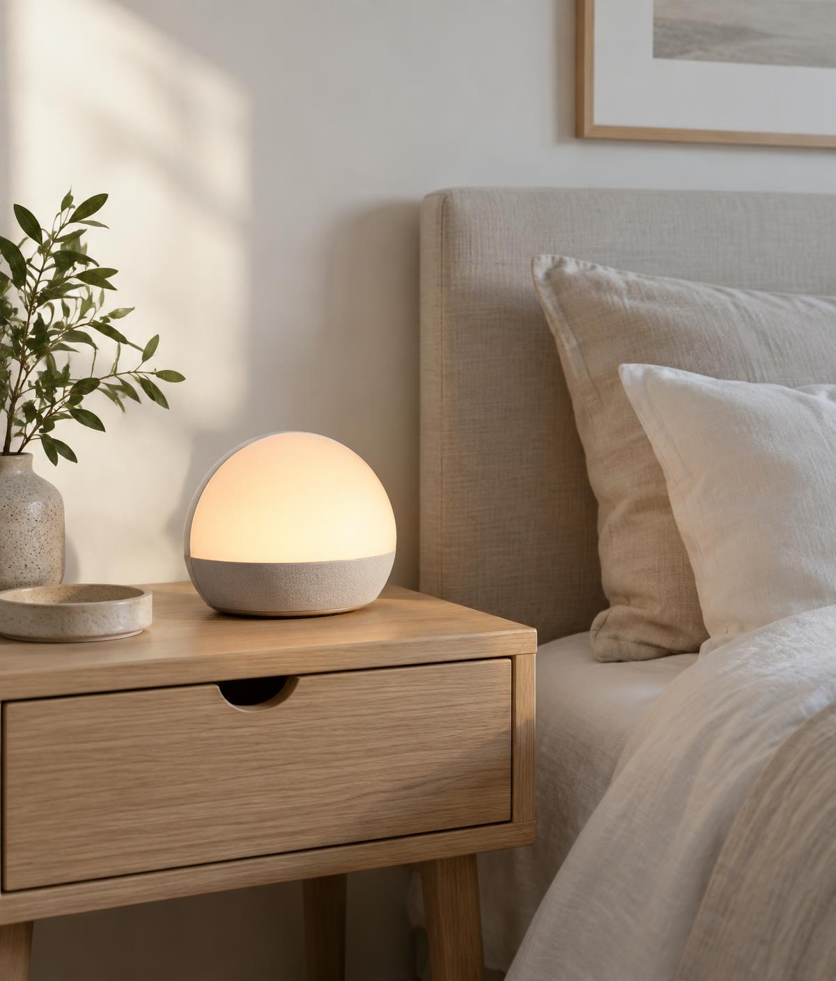 A simple rounded wake-up light glowing on a pale wooden bedside table
